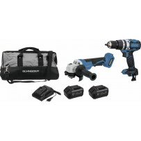 Pack 20V perceuse visseuse à percu 65Nm-meuleuse d'angle 125mm-2 batteries Li-ion 5Ah - sac de transport