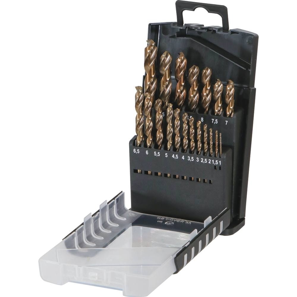 Coffret PVC de 19 forets métaux HSS 5% cobalt taillés meulés de 1 à 10mm